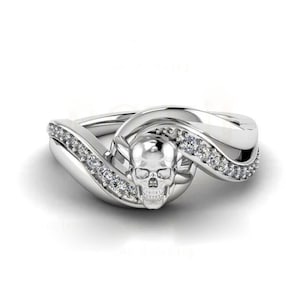 Swirl Gothic Skull Wedding Ring, Bypass Gothic Ring, Gothic Ring, Round Cut Moissanite Engagement Anniversary Ring, Halloween Gift For Her