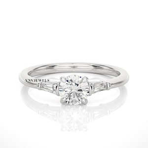 Three Stone Lab Grown Diamond Engagement Ring, Tapered Baguette Lab Diamond Three Stone Ring, Baguette Cut Side Diamond Ring, Trilogy Ring