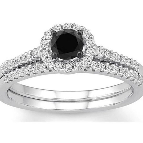 Halo Moissanite Ring Set, Solitaire With Accent Ring Set, Half Eternity Engagement Ring, 0.5Ct Round Cut Black Moissanite Ring,10K Gold Ring