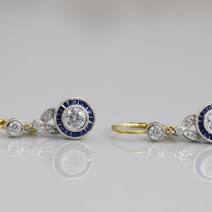 Vintage Art Deco Earrings, Round & Sapphire Diamond Edwardian Earring, Lever Back Earrings, 14K White Gold Over Earrings