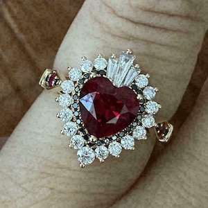 Red Garnet Heart Cut Diamond Engagement Ring, Sunburst Halo Gemstone Ring, Heart Shape Halo Style Unique Ring, Wedding Ring, 925 Silver Ring