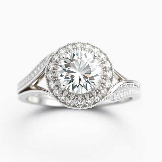 Vintage Style Milgrain Ring, Vintage Halo Ring, Split Shank Ring