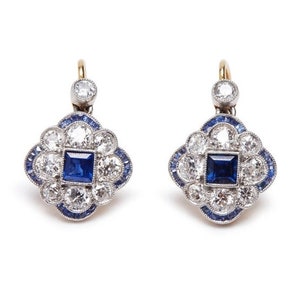 Princess Blue Sapphire Diamond Earrings, Drop Dangle Earring, Milgrain Earring, Bezel Set Earring, Lever back Earring, 14K Gold Over Earring