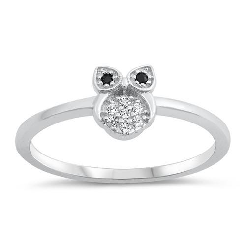 OWL Ring, Black & White Round Moissanite Diamond Ring, Mini Owl Bird Inspired Ring, Delicate Rin