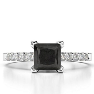 Black Diamond Engagement Ring, V Shape Prong Set Ring, 2.50 Ct Princess Black Diamond Wedding Ring, Solitaire With Accent Ring, Gold Ring
