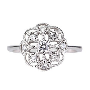 Filigree Ring, Vintage Art Deco Wedding Ring, Edwardian Ring, Floral Diamond Ring, Antique Round Milgran Engagement Ring, 14K Gold Ring