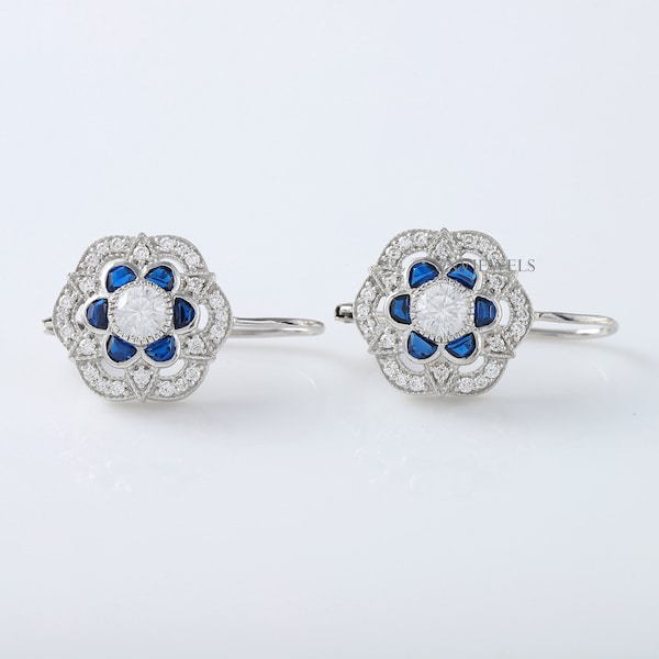 Floral Blue Sapphire Earring, Vintage Antique Art Deco Earrings, Bezel Set Milgrain Earring, Round & Blue Sapphire Lever Back 1920's Earring