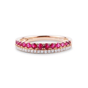 Ruby & Diamond Half Eternity Band, Two Row Stackable Wedding Band, Round Cut Ruby Diamond Wedding Band, July Birthstone Band, 14K Rose Gold