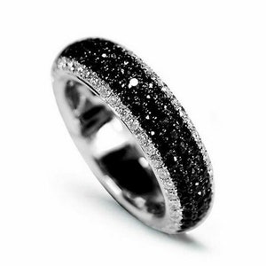 Full Eternity Wedding Band, Micro Pave Set Band, Round Cut Black Diamond Engagement Band, 14K White Gold Eternity Band, Party Wear Band