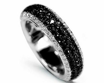 Full Eternity Wedding Band, Micro Pave Set Band, Round Cut Black Diamond Engagement Band, 14K White Gold Eternity Band, Party Wear Band