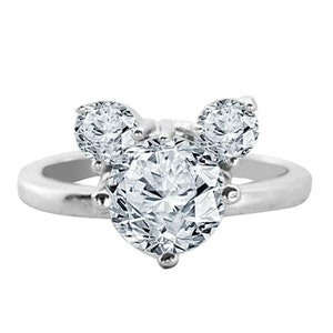 Mouse Engagement Ring, Three Stone Ring, Round Cut Moissanite Engagement Ring, Mouse Ears Fairy Tale 14K White Gold Ring, Minimalist Ring
