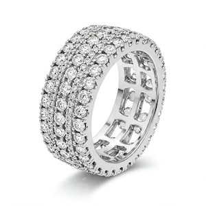 Five Row Wedding Band, Full Eternity Engagement Band, Pave Set Diamond Band, Round Cut Moissanite Diamond Band, 14K White Gold Wide Band