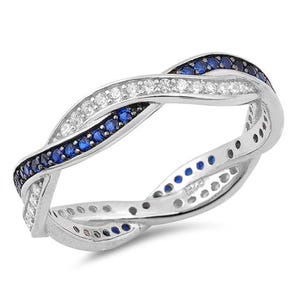 Twisted Ring, Infinity Wedding Band, Full Eternity Band, Round Cut Blue Sapphire & Diamond Eternity Band, Stack able 14K Gold Milgrain Band