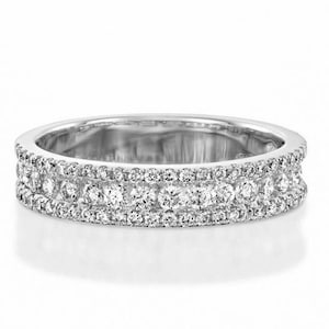 Full Eternity Engagement Band, Three Row Moissanite Band, Round Cut Moissanite Diamond Band, Solid 14K Gold Eternity Band, Party Wear Band