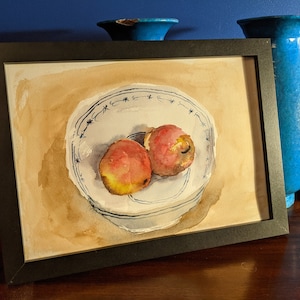 Watercolour painting apples watercolor watercolour art original red blue white housewarming home decor wall hanging A4 still life food