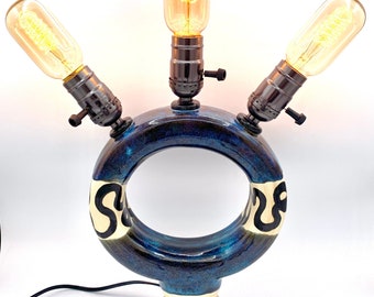 Handmade Abstract Circle Donut Table Lamp with Metallic Blue and Black Detail with Three Bulbs