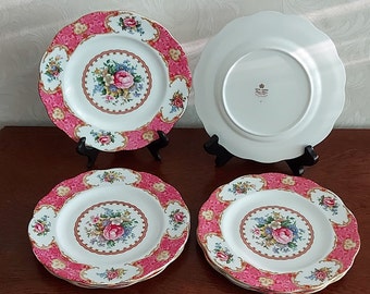 Platos de desayuno de 21 cm de Royal Albert Bone China Inglaterra Lady Carlyle vintage años 50 color rosa y decorados con flores y líneas doradas