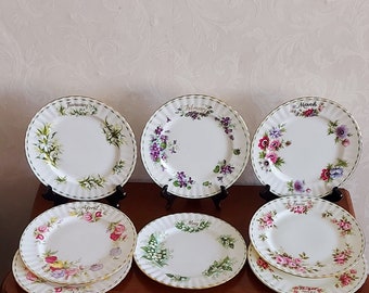 Royal Albert Bone China Flower of the month multiple breakfast plates of different months. Richly decorated with flowers and gold rim.