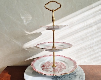 Estantería de 3 niveles con soporte color dorado - Seltmann Weiden Bavaria - Serie "Theresia", color rojo - Fabricada en Alemania Occidental - Estilo vintage de los años 60
