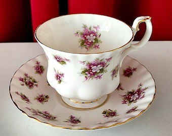 Men's cup and saucer from Royal Albert Bone China Sweet Violets with beautiful purple flowers and gold rimmed vintage 70s