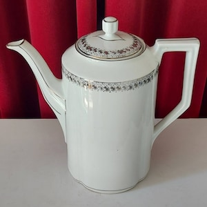 White coffee pot all around with silver flowers decorated from Koenigszelt Silesia vintage 20s