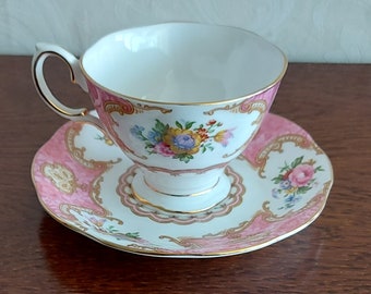 Ladies cup and saucer Royal Albert Bone China England Lady Carlyle. Vintage 1950s White porcelain with pink color and colored flowers.