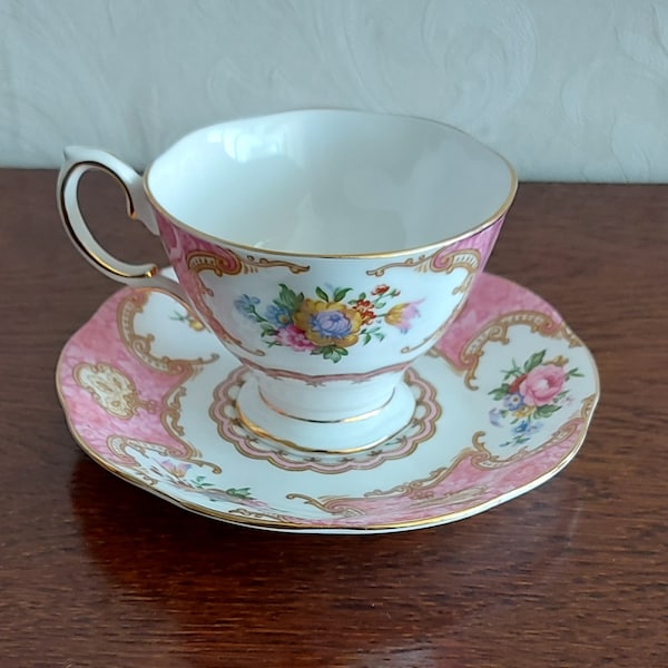 Ladies cup and saucer Royal Albert Bone China England Lady Carlyle. Vintage 1950s White porcelain with pink color and colored flowers.