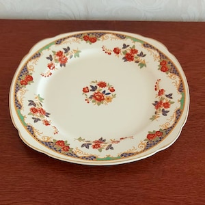 Bakewell Bros Ltd, Hanley England vintage 1930s cake dish decorated with red and gold flowers and gold rimmed