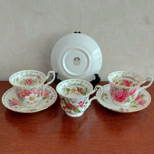 Ensembles de tasses et soucoupes pour hommes de Royal Albert Fleur du mois, de janvier à décembre, à décor de fleurs et de lignes dorées. image 5