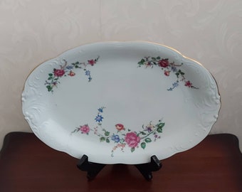 Large serving dish or meat dish from Wawel made in Poland decorated with bright colored flowers and gold rimmed Vintage 70s