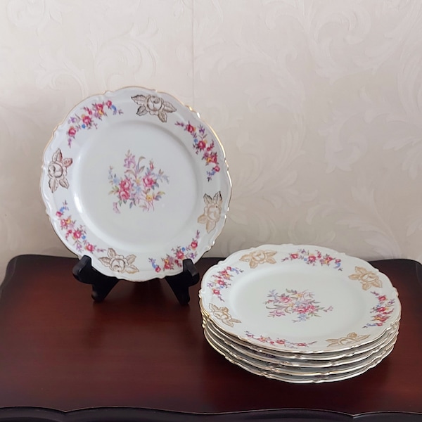 Assiette pâtissière de Schwarzenhammer Bavière Allemagne joliment décorée de roses colorées roses dorées et bordure dorée vintage années 50