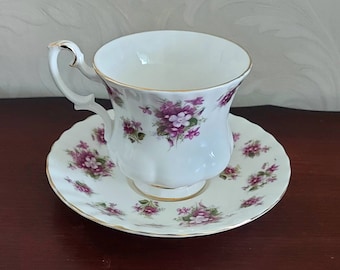 Ladies cup and saucer from Royal Albert Bone China Sweet Violets with beautiful purple flowers and gold rimmed vintage 70s