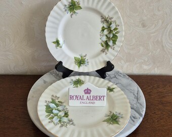 May include: Two white ceramic plates with a gold rim and a floral design. The plates feature a white flower with green leaves and a small purple crown with the text "Royal Albert England".