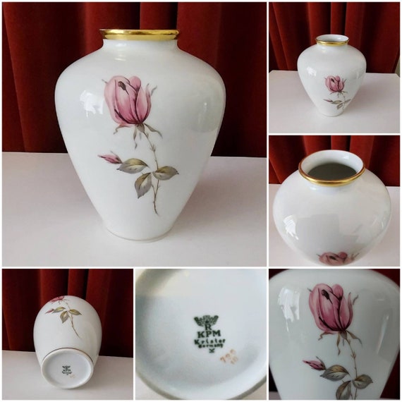 Vase by KPM Krister Germany Decorated With 3 Flowers All Around