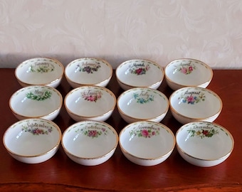 Peanut bowls from Royal Albert Flower of the month from January to December decorated with flowers and golden lines.