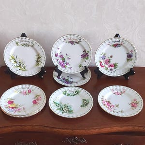 Könnte beinhalten: Eine Sammlung dekorativer Porzellanteller, jeder mit einem Blumendesign und einem Monatsnamen. Die Teller sind weiß mit goldenem Rand und werden auf schwarzen Ständern präsentiert. Die Monate Januar, Februar, März, April, Mai und Juni sind sichtbar.