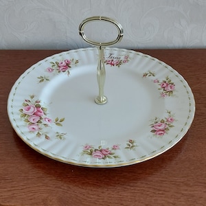 Large 1-tier Etagere Royal Albert Bone China Flower of the month series June Roses decorated with small roses and June in gold letters