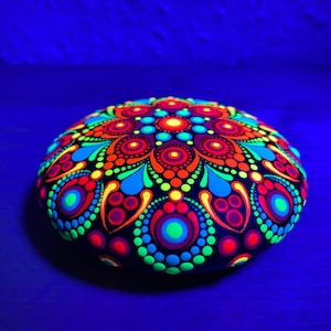 Hand painted bright UV reactive dot mandala rock fluorescent painted mandala stone blacklight dot mandala