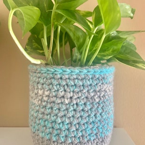 Blue and Gray Knit Planter-Crochet Planter-Plant Holder-Plant Cover-Flower Pot or Small Storage Container-Unique Pot for Plants-Macrame