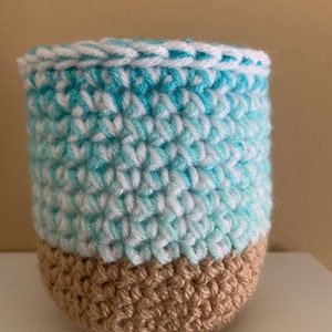 Beige and Turquoise Blue And White-Unique Pots for Plants-Knit Planter-Crochet Planter-Plant Holder-Plant Cover or Small Storage Container