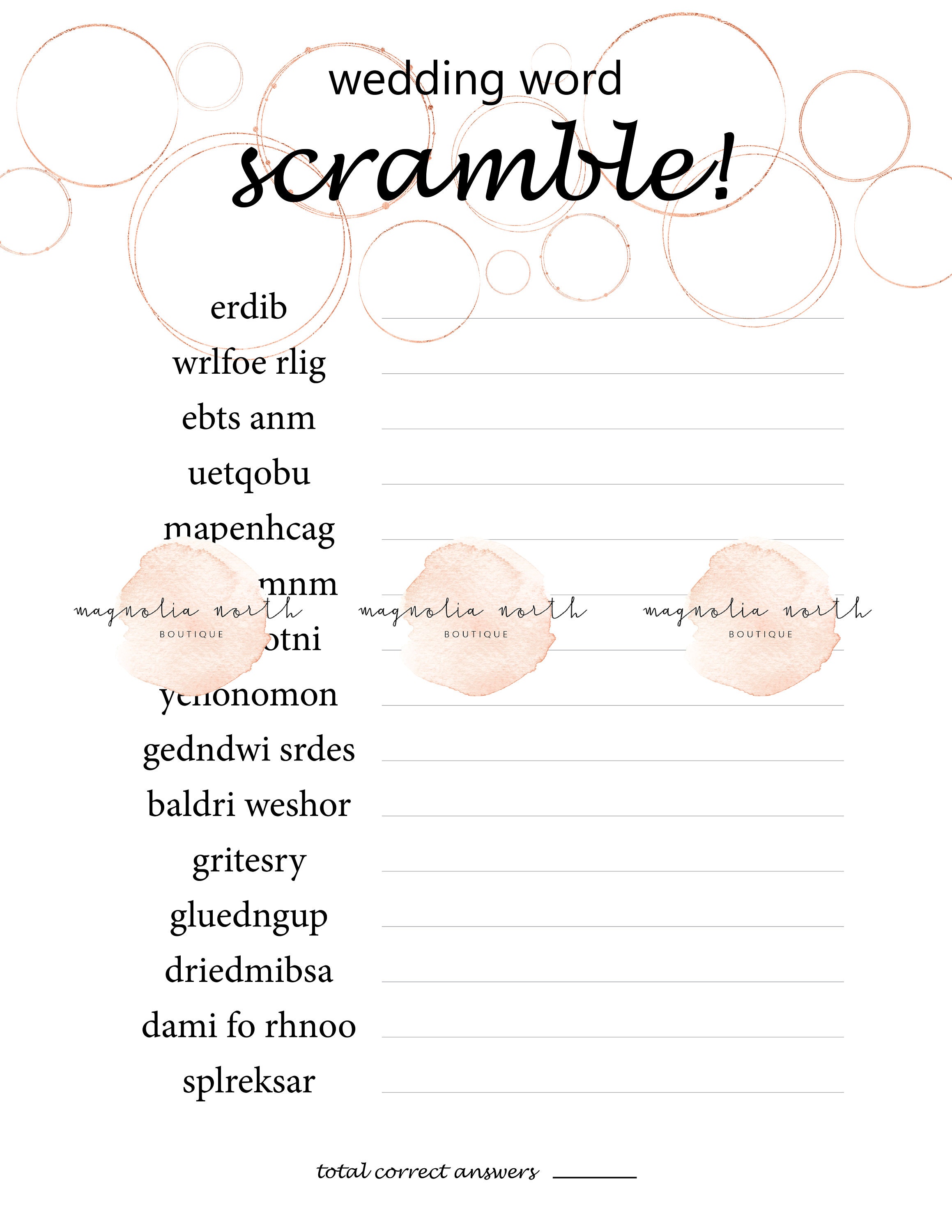 Printable Bridal Party Games Rose Gold Bubbles Design - Etsy