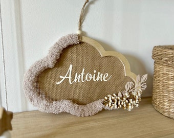 Cadre prénom bébé personnalisé en forme de nuage avec fleurs séchées pour décoration chambre bébé ou cadeau de naissance prénom