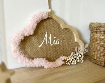 Cadre prénom bébé personnalisé en forme de nuage avec fleurs séchées pour décoration chambre bébé ou cadeau de naissance prénom