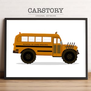 School Bus Monster Truck Print, Transportation Art, Monster Truck Birthday, Boys Nursery Decor, Truck Prints, Monster Truck Art, Printable