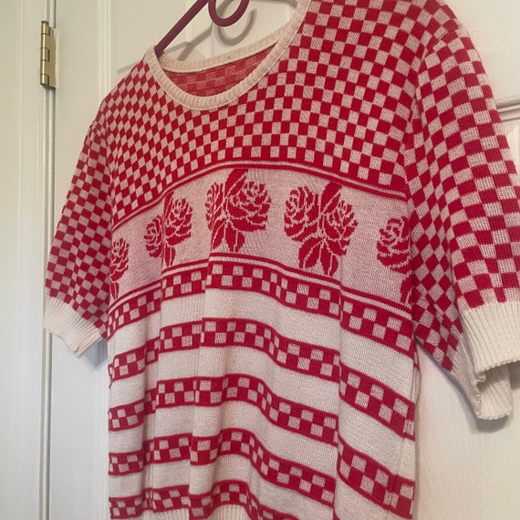 Vintage 1980s Check Rose Short Sleeve Sweater - image 3