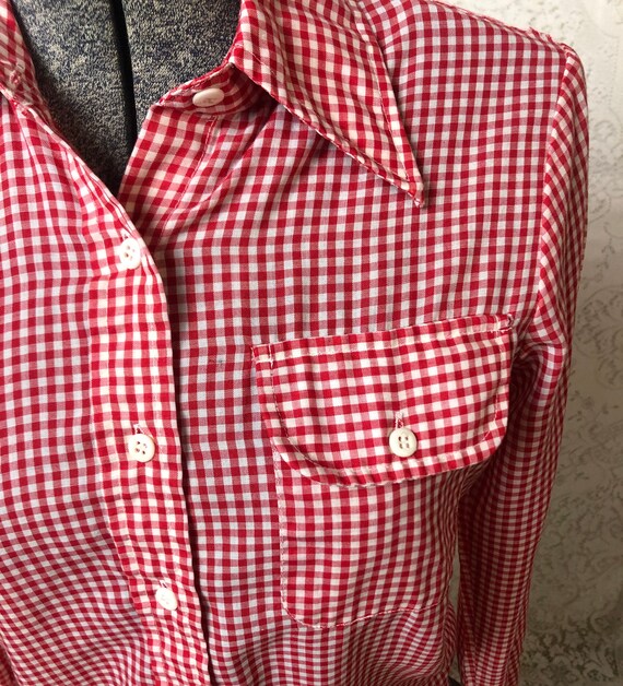 Vintage 1960s Red Gingham Checkered Button Down T… - image 5