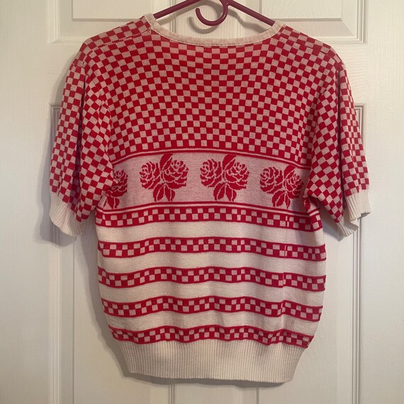 Vintage 1980s Check Rose Short Sleeve Sweater - image 4