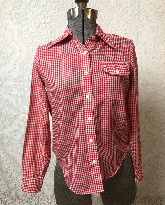 Vintage 1960s Red Gingham Checkered Button Down T… - image 2