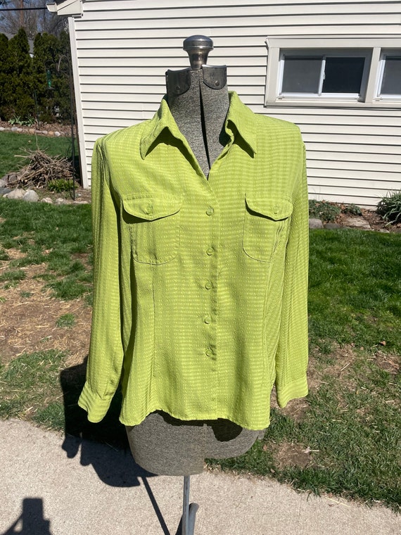 Vintage 1970s Polyester Collared Button Down Gree… - image 1