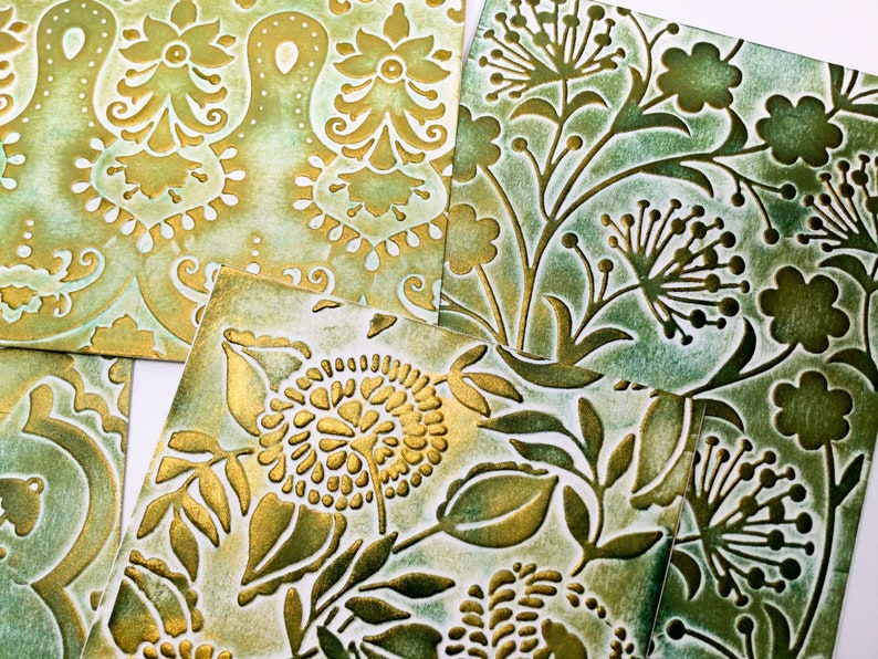 Gold accents Patina like Embossed Shimmer cards Botanical cards Overlapping rings circles